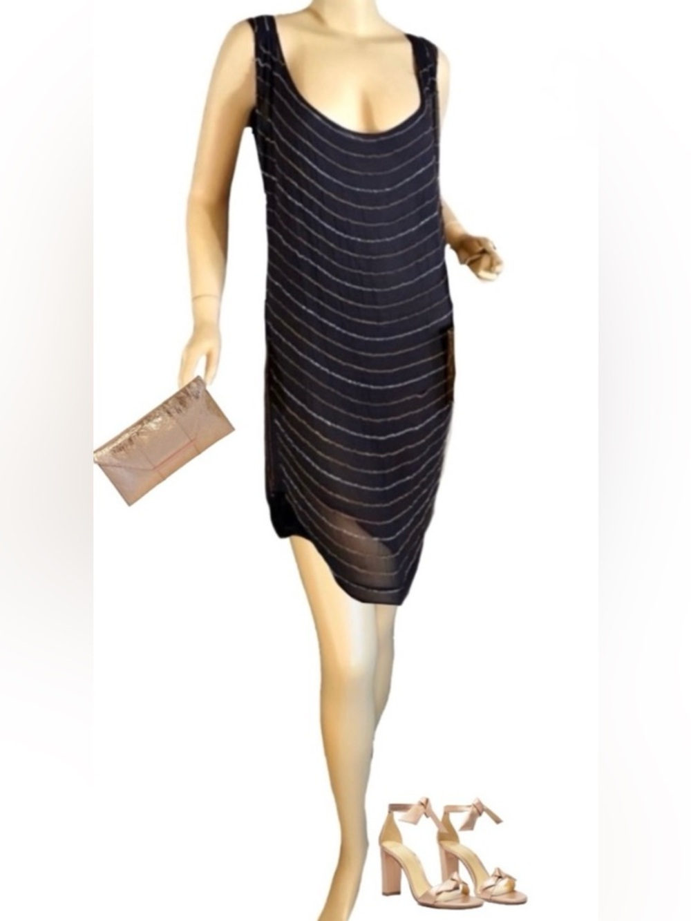 GRYPHON BLUE SILK SLINKY GOLD & SILVER CHAIN LINK SHIFT DRESS (M)